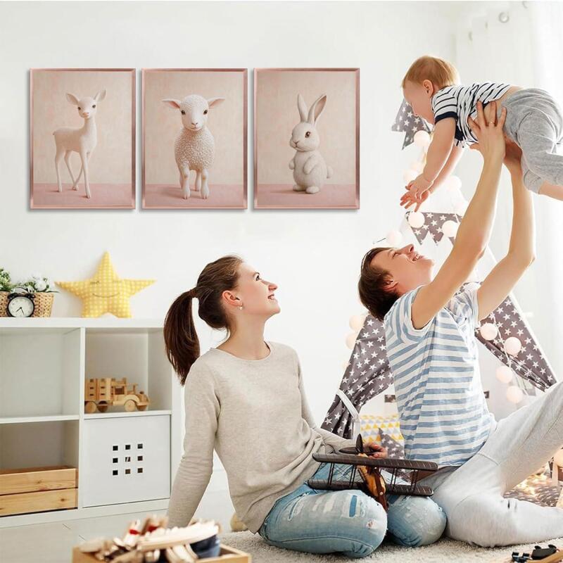 New 3Pcs Pink Nursery Animal Canvas Wall Art Baby Room Cute Posters Prints Pink Deer Sheep Rabbit Paintings Wall Decor Pictures Artwork for Girls Room Bedroom Home Decoration UNFRAMED