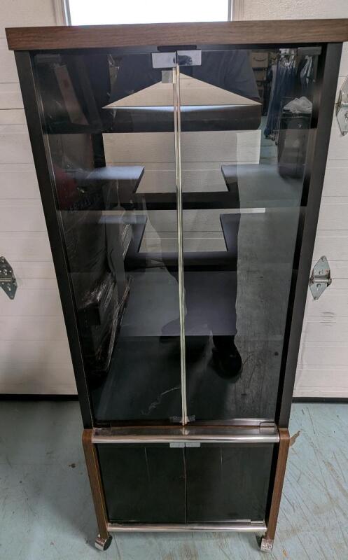 Vintage Stereo Cabinet on Castors. 22" by 15.5" by 56". 4 Shelves. Door Magnets still Work.