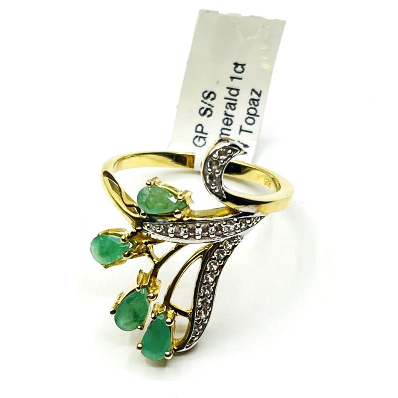 Gold Plated Sterling Silver Natural Emerald (0.65ct) with Natural White Topaz (0.14ct) Ring, Size 9, comes with APPRAISAL $330.00.Emerald is the birthstone for May.