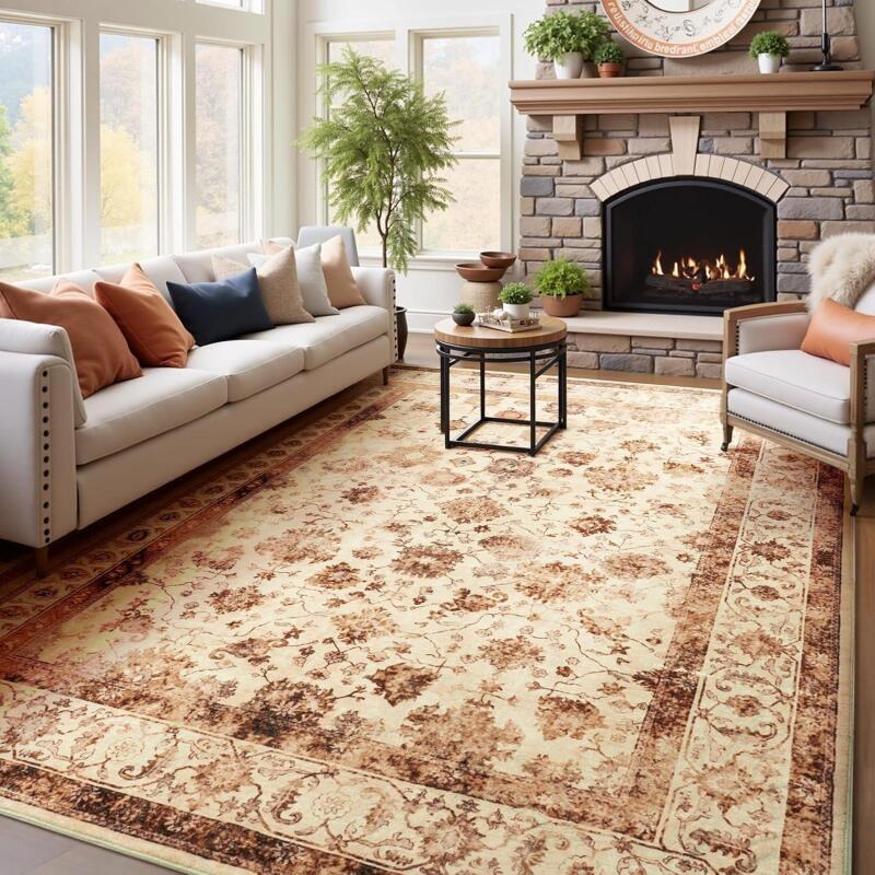 New Zentavio Area Rugs 6x9 Washable Non-Slip Kid & Pet Friendly Living Room Carpets Vintage Floral Foldable Thin Low Pile Rug for Bedroom Kitchen Dining Room Brown