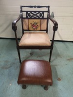 Vintage Wooden Arm Chair on Castors + Foot Stool