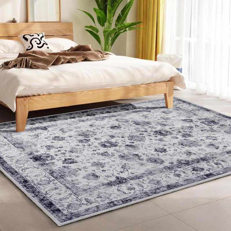 New Zentavio Area Rugs 8x10 Washable Non-Slip Kid & Pet Friendly Living Room Carpets Vintage Floral Foldable Thin Low Pile Rug for Bedroom Kitchen Dining... Color:Porcelain Blue