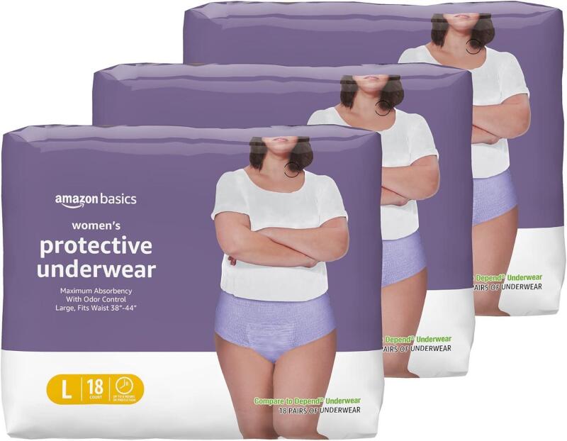 Sz LG new Amazon Basics Incontinence Underwear for Women, Protective, Disposable, Postpartum, Maximum Absorbency, Large, Lavender, 54 Count (3 Packs of 18)