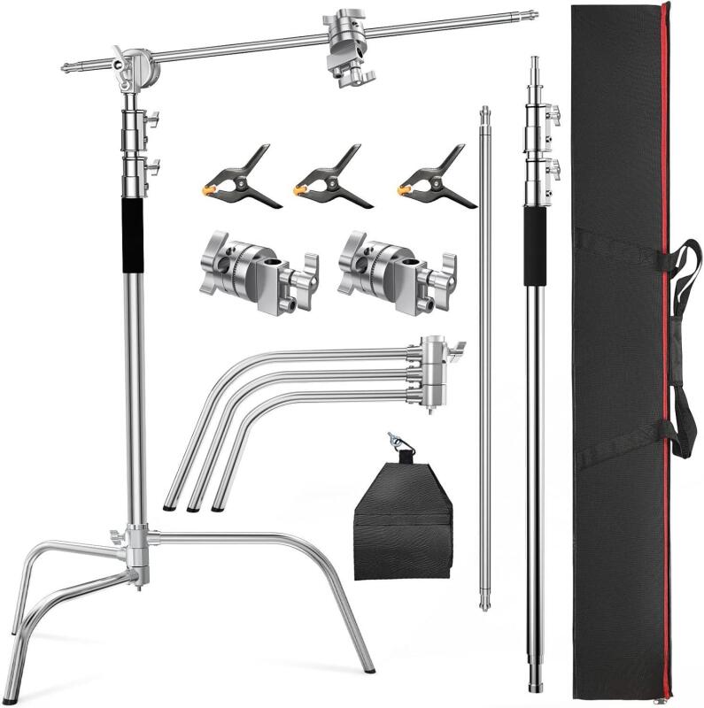 New Altson Pro 100% Stainless Steel Heavy Duty C Stand with Boom Arm, Max Height 10.5ft/320cm Photography Light Stand with 4.2ft/128cm Holding Arm, 2 Grip Head for Studio Monolight, Softbox, Reflector