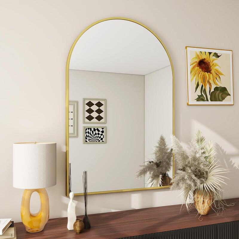 New BEAUTYPEAK 20"x30" Arch Bathroom Mirror, Wall Mounted Vanity Metal Frame Mirror for Bedroom, Entryway, Living Room, Gold