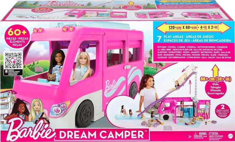 New Barbie Camper, Doll Playset with 60 Accessories, 30-Inch-Slide and 7 Play Areas, Dream Camper