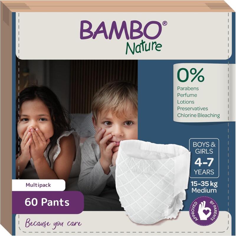 New Bambo Nature Premium Dreamy Night Pants, Pull Up Pants, Eco-Labeled Night Time Diapers, Secure, Comfortable, Skin Friendly : Children Aged 4-7 Years, 60 Count