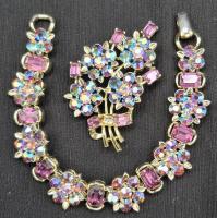 STUNNING Vintage Lisner Blue & Purple AB Rhinestone Bracelet and Brooch Set - Floral