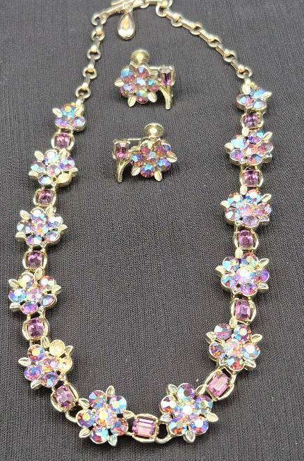STUNNING Vintage Lisner Blue & Purple AB Rhinestone Necklace and Earrings Set - Floral