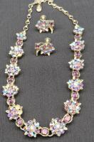 STUNNING Vintage Lisner Blue & Purple AB Rhinestone Necklace and Earrings Set - Floral