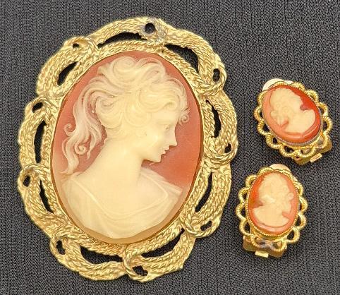 Vintage Cameo Pendant 2.25" and Clip on Earrings 0.75"