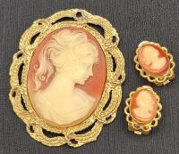 Vintage Cameo Pendant 2.25" and Clip on Earrings 0.75"