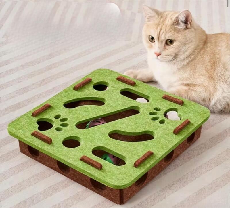 Interactive Cat Puzzle Box with Scratching Posts & Paw Print Cut-Outs Mental Stimulation Toy for Cats Green & Brown Design Approximately 11.8 x 11.8 x3&rsquo;&rsquo; stock photos added<br/>