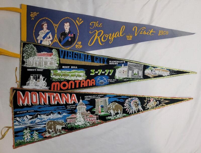 Vintage Wall Pennants . 1959 Royal Visit & Two (2) 1977 Montana Pennants