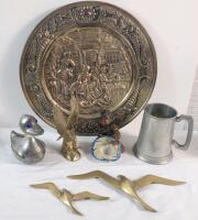 Vintage Collectable Home Decor Nik-Nak Lot . Includes : Brass Wall Plate , Brass Birds , Brass Eagle Paperweight , Metal Duck Coin Bank, Souvenir Ring Tray & Tankard