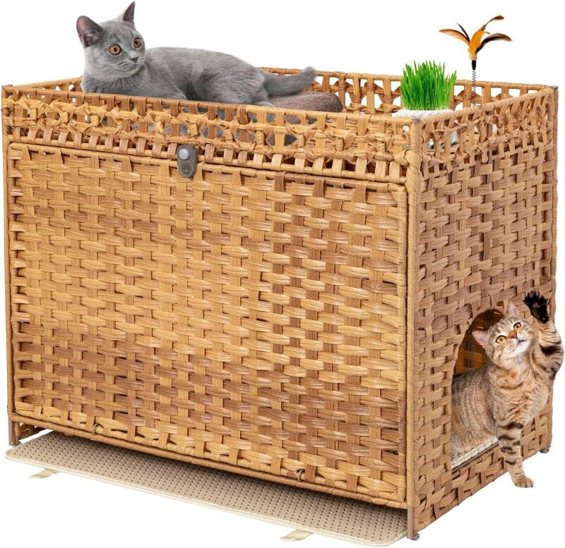 New Cat Litter Box Enclosure Furniture Hidden with Soft Mat,Handwoven Rattan Cat House with Door for Large Cats Stylish Hidden Washroom Furniture for Living Room, Bedroom, or Balcony,Natural