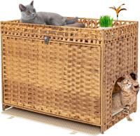 New Cat Litter Box Enclosure Furniture Hidden with Soft Mat,Handwoven Rattan Cat House with Door for Large Cats Stylish Hidden Washroom Furniture for Living Room, Bedroom, or Balcony,Natural