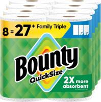 New Bounty Quick-Size Paper Towels, White, 8 Family Triple Rolls = 27 Regular Rolls
