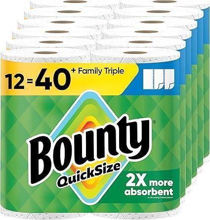 New Bounty Retail $123 Quick-Size Paper Towels, White, 12 Family Triple Rolls = 40 Regular Rolls