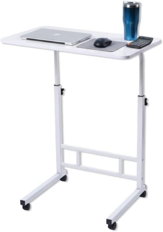 New Japard Small Desk on Wheels, Mobile TV Tray Table Rolling Desk for Bed Sofa, Adjustable Height 23.6" Wide C-Shape Loadable 66lbs (White)