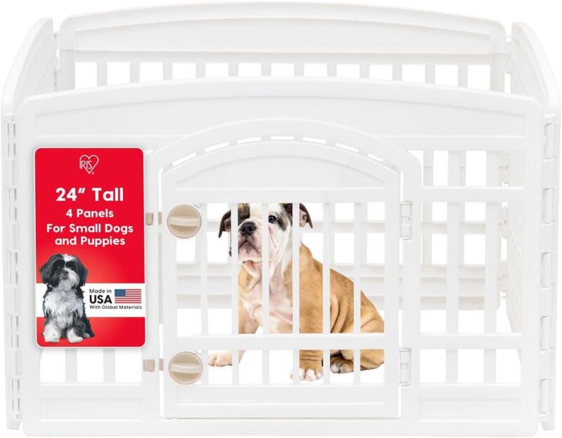 New IRIS USA 24" 4-Panel Dog Playpen with Door, 35 x 35 x 24, Puppy Playpen, Dog Play Pen Indoors, Pet Fence, Puppies/Small Dogs, White