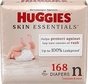 New Huggies Size Newborn Diapers, Skin Essentials Baby Diapers, Size Newborn (6-9 lbs), 168 Count