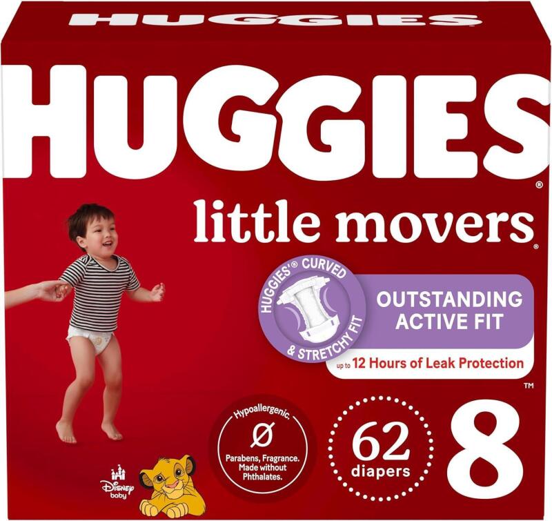 New Huggies Size 8 Diapers, Little Movers Baby Diapers, Size 8 (46+ lbs), 62 Count