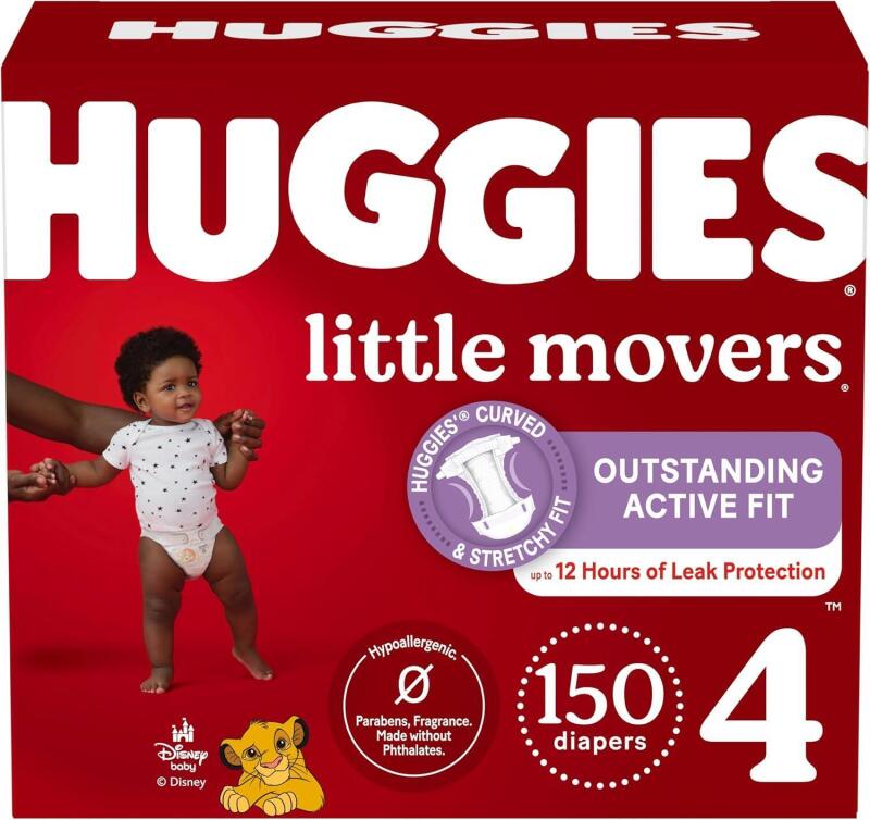 Huggies Size 4 Diapers, Little Movers Baby Diapers, Size 4 (22-37 lbs), 150 Count (6 Packs of 25), Packaging May Vary