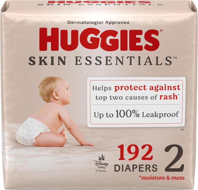new Huggies Size 2 Diapers, Skin Essentials Baby Diapers, Size 2 (12-18 lbs), 192 Count (3 Packs of 64), Packaging May Vary