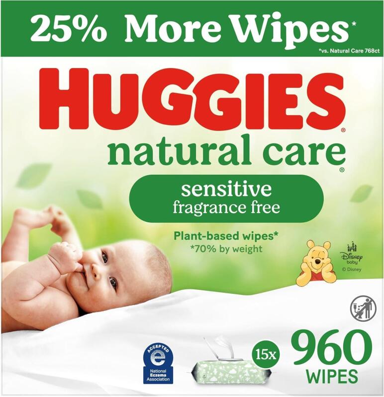 New Huggies Natural Care Sensitive Baby Wipes, Unscented, Hypoallergenic, 99% Purified Water, 15 Flip-Top Packs (960 Wipes Total)