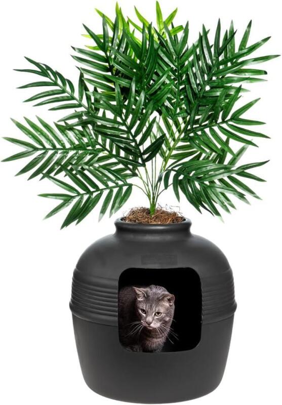 New Good Pet Stuff Hidden Cat Litter Box Enclosure with Artificial Plant, Decorative Round Planter, Vented Carbon Charcoal Filter for Odor Control, Easy-to-Clean, Made in USA, Base Kit, Brown