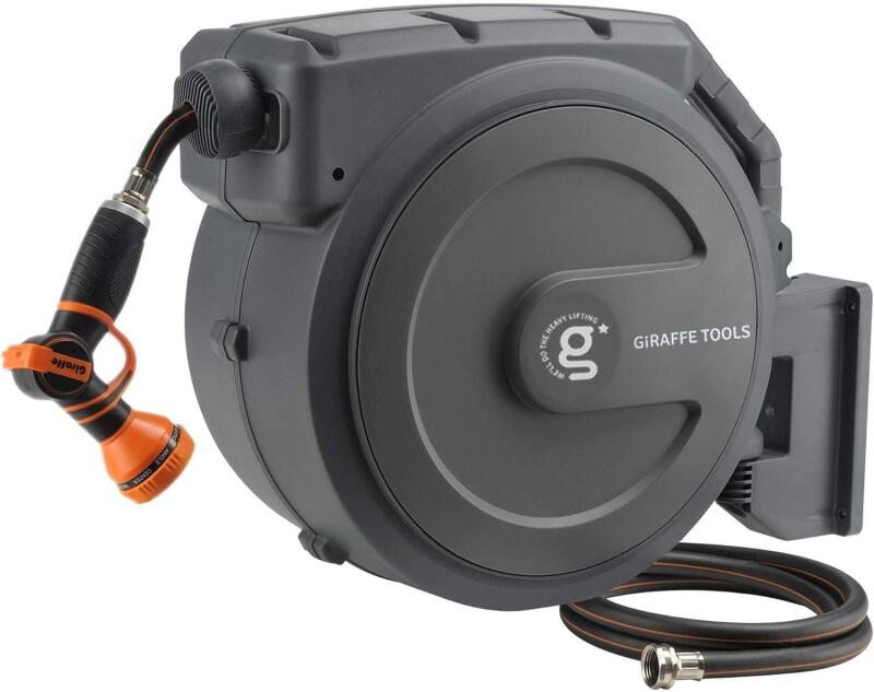 New Giraffe Tools Retractable Garden Hose Reel 1/2 Inch x 130 ft, Super Heavy Duty, Any Length Lock, Slow Return System, Wall Mounted and 180 Deg Swivel Bracket