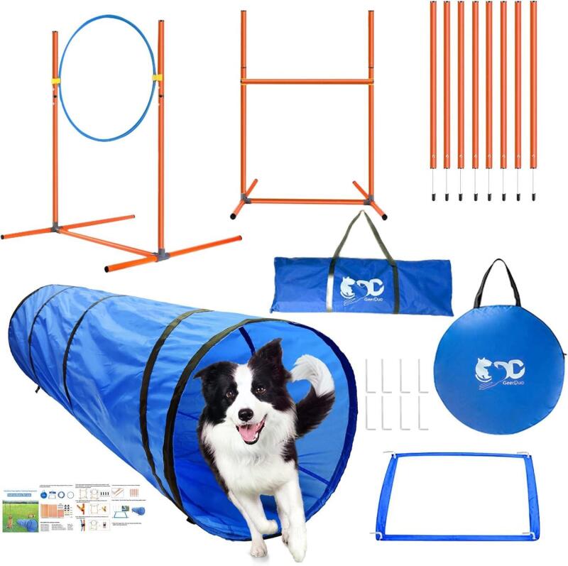 New GeerDuo Dog Agility Training Equipment, Obstacle Agility Training Starter Kit for Doggie, Including Tunnel, 27 Weave Poles, Adjustable Hurdle, Jump Ring, Pause Box and Carrying Bag(Blue,L)