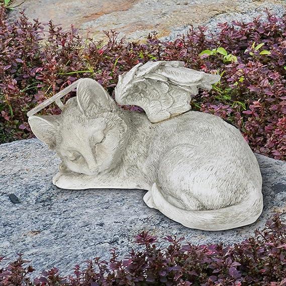 New Exhart Cat Statue, Solar Pet Memorial Sleeping Cat Garden Sculpture with Angel Wings, LED Light Halo, Outdoor Garden Decoration, 12 x 6.5 Inch