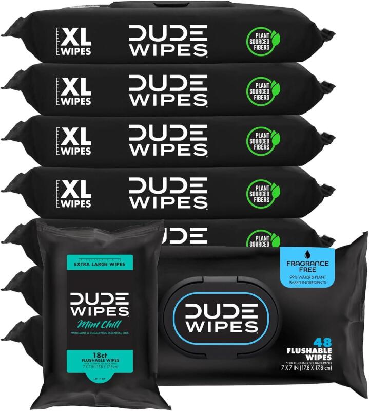 384ct New DUDE Wipes - Flushable Wipes - Unscented 8 Pack + Mint , & 18ct Travel Pack - Vitamin E & Aloe For Men - Septic and Sewer Safe