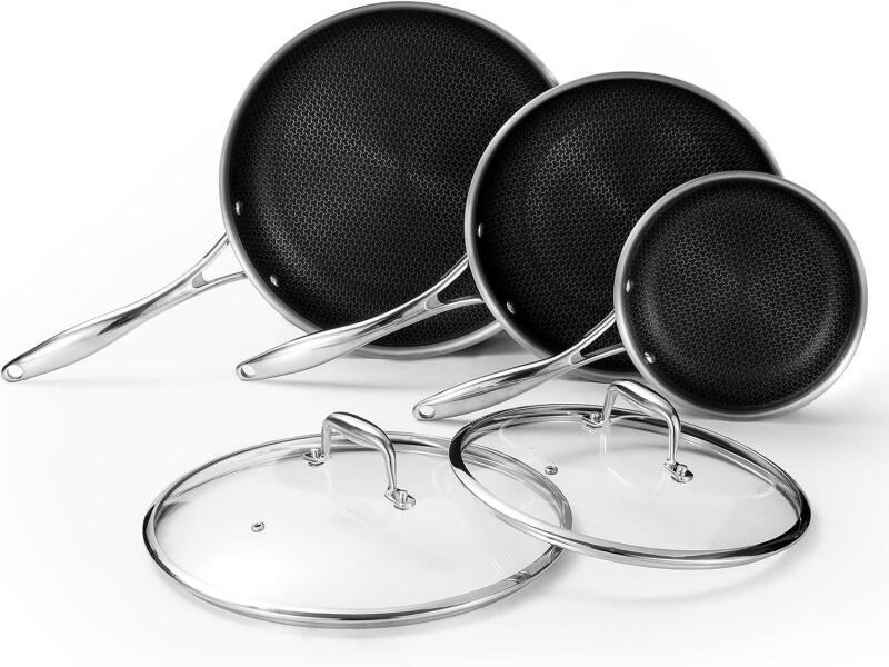 New Retail $495 DELUXE Hybrid Nonstick Fry Pan Set 5-Piece, 8, 10 and 12-Inch Frying Pan Cookware Set with Glass Lids, Skillet with Stay-Cool Handles, Dishwasher&Oven Safe, Compatible with All Cooktops