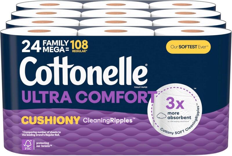 New Cottonelle Ultra Comfort Toilet Paper with Cushiony CleaningRipples Texture, Strong Bath Tissue, 24 Family Mega Rolls = 108 Regular Rolls (4 Packs of 6)