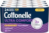 New Cottonelle Ultra Comfort Toilet Paper with Cushiony CleaningRipples Texture, Strong Bath Tissue, 24 Family Mega Rolls = 108 Regular Rolls (4 Packs of 6)