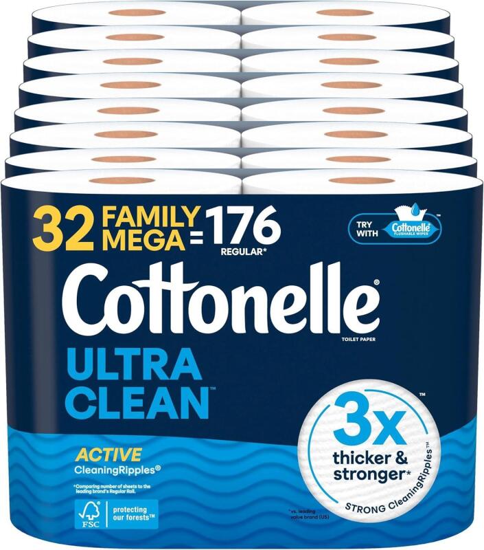 New Cottonelle Ultra Clean Toilet Paper with Active CleaningRipples Texture, Strong Bath Tissue, 32 Family Mega Rolls = 176 Regular Rolls (8 Packs of 4)