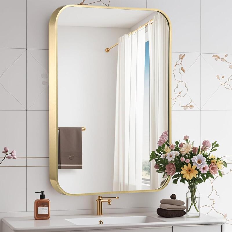 New CLBA Gold Bathroom Mirror, 48x30 Inch Brushed Gold Mirror, Aluminum Alloy Framed Vanity Mirror, Rounded Rectangle Bathroom Mirror for Over Sink, Anti-Rust Wall Mirror (Horizontally or Vertically)
