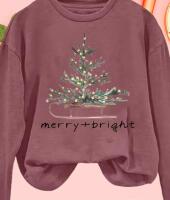 New Size XL Women's Soft Fabric Casual Long Sleeve T-Shirt Relaxed Fit Round Neck Merry & Bright Machine Washable 60% Polyester 5% Spandex 35% Rayon
