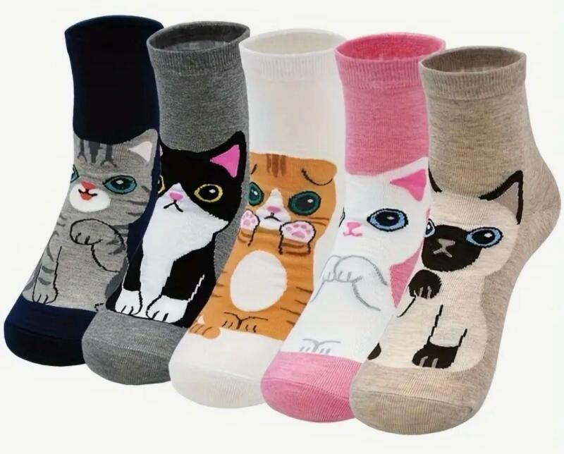 5 Pairs Women's Cute Cat Crew Socks | Soft Breathable Mid-Calf Socks with Assorted Colors & Patterns Machine Washable 95% Polyester 5% Spandex stock photos added 8.27 x 3.15&rsquo;&rsquo; Siamese, Tuxedo,Turkish Angora, Scottish Fold, American Shorthair
