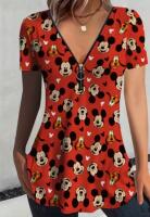New Size L Women&rsquo;s Elegant Mickey Mouse & Goofy V-Neck Zipper T-Shirt - Short Sleeve Red & Black Polka Top with Iconic Mickey Ears Machine Washable 95% Polyester 5% Elastane stock photos added