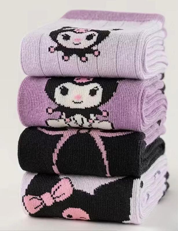 New Women&rsquo;s 4 Pairs of Sanrio for kuromi Socks - Cute Long Tube Socks with Bowknots, Hearts & Stars, Purple & Black 11.8&rsquo;&rsquo; long 100% Knit Fabric Polyester Machine Wash stock photos added colours may vary