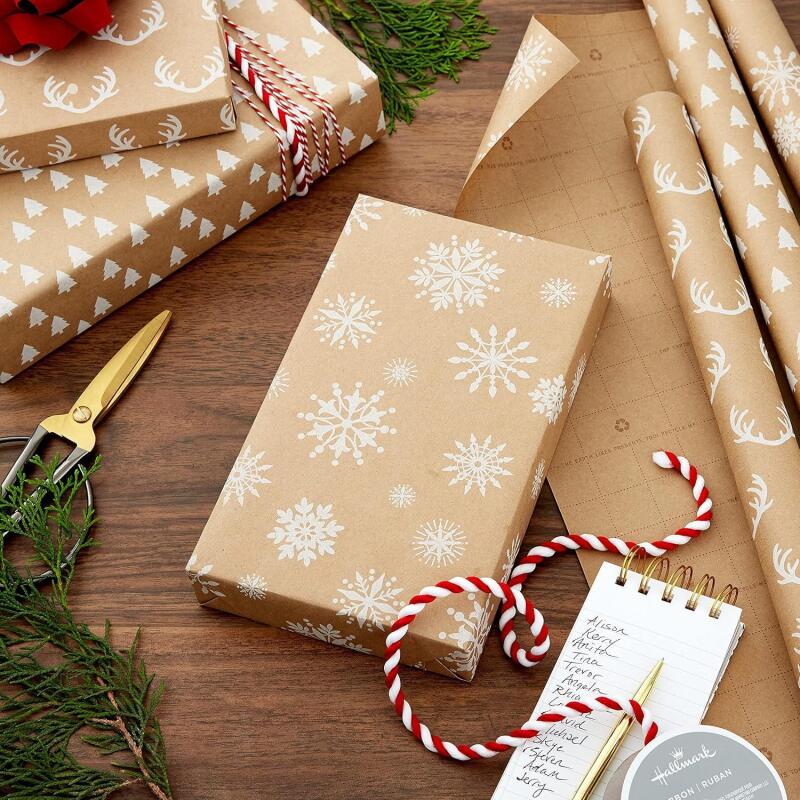 New Hallmark Christmas Wrapping Paper Rolls - Minimalist Brown Kraft Trees, Antlers, Snowflakes Gift Wrap Paper (3 Rolls: 90 sq. ft. ttl.) for Holiday Parties, Hanukkah, Winter Weddings