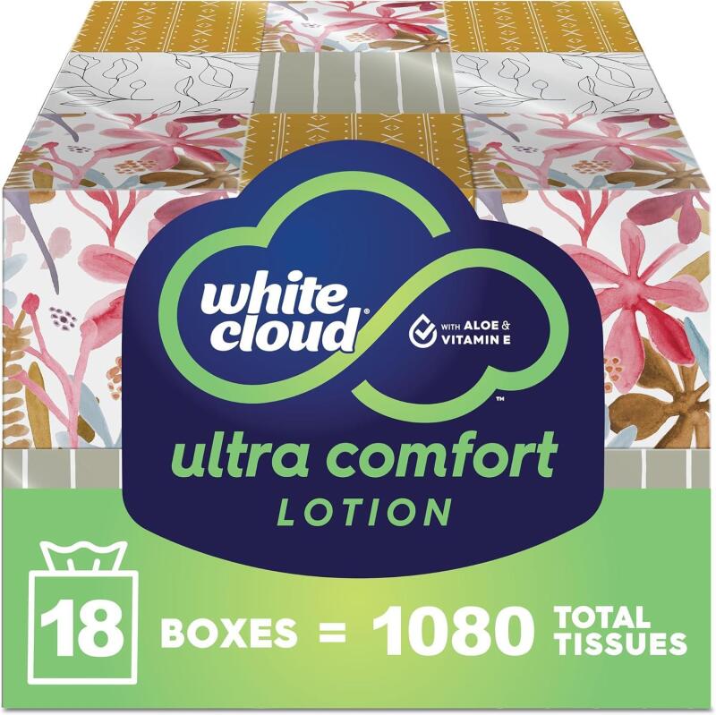 New White Cloud Ultra Comfort Lotion 3-Ply Facial Tissue with Aloe & Vitamin E, 18 Box Multipack, 60 Tissues Per Box