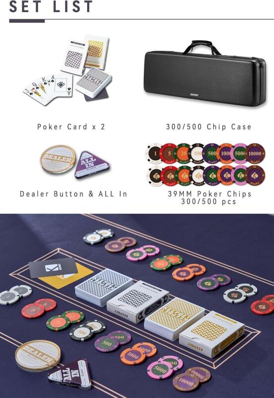 New KEEPBET 14 Gram Clay Game Poker Chips Set for Texas Holdem,500PCS, Blank Chips. Leather Easy Carrying Case (500 Chips Number)
