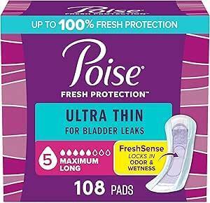 New Poise Ultra Thin Incontinence Pads & Postpartum Pads for Bladder Leaks, 5 Drop Maximum Absorbency, Long Length, 108 Count, Packaging May Vary