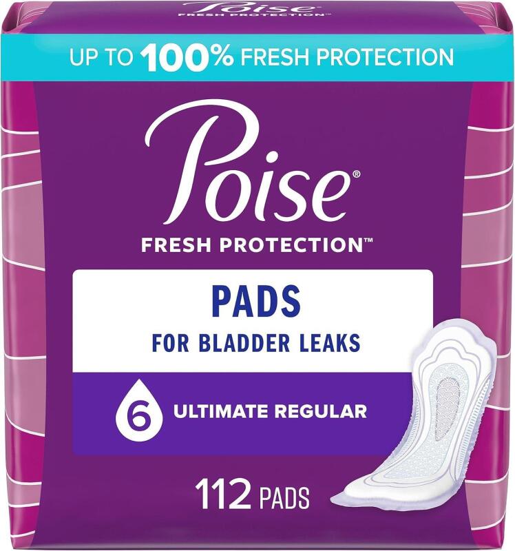 New Poise Incontinence & Postpartum Pads for Bladder Leaks, 6 Drop Ultimate Absorbency, Regular Length, 112 Count, Packaging May Vary