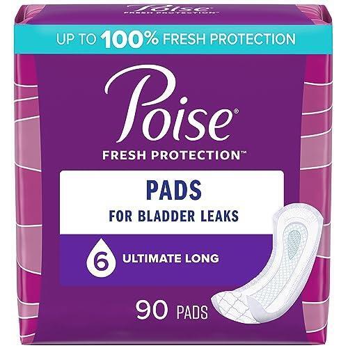 New Poise Incontinence & Postpartum Pads for Bladder Leaks, 6 Drop Ultimate Absorbency, Long Length, 90 Count, Packaging May Vary